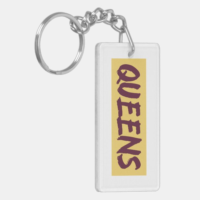 Queens Text Base Design on Yellow Background Keychain (Front Left)