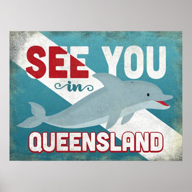 Queensland Dolphin - Retro Vintage Travel Poster (Front)