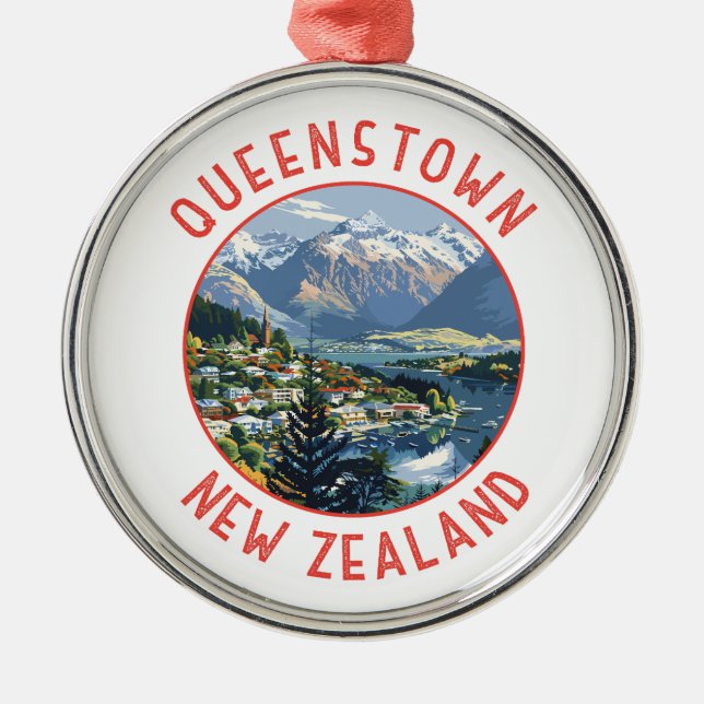 Queenstown New Zealand Retro Distressed Circle Metal Ornament (Front)