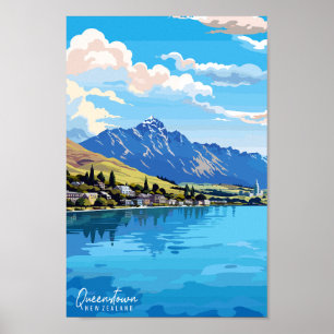 Queenstown New Zealand Travel Art Vintage Poster