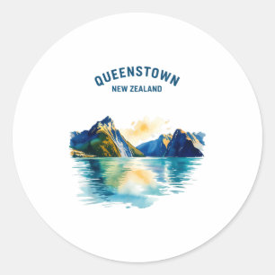 Queenstown New Zealand Vintage Watercolor Scenic T Classic Round Sticker