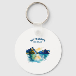 Queenstown New Zealand Vintage Watercolor Scenic T Keychain