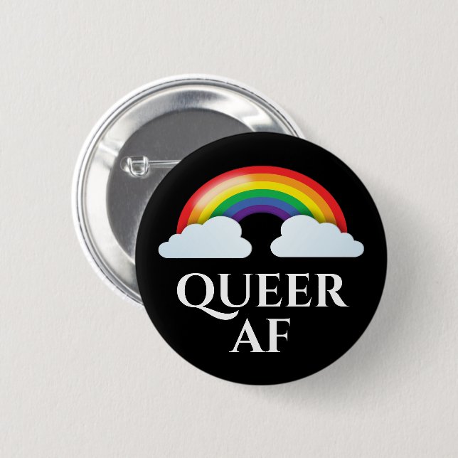 'Queer AF' rainbow and clouds 2 Inch Round Button (Front & Back)