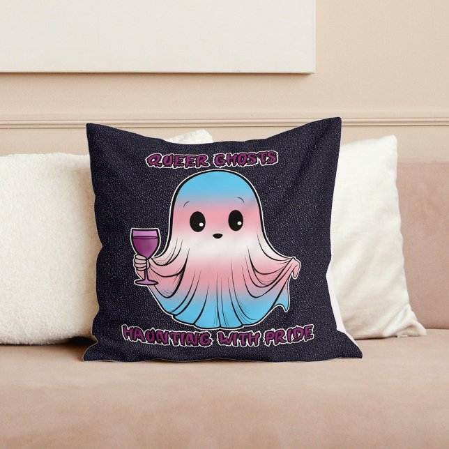 Queer Ghosts, Ghost in Transgender Flag Colours Throw Pillow (Creator Uploaded)