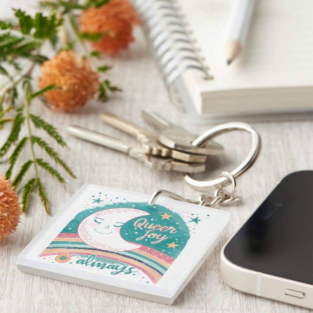 Queer Joy Always LGBTQ Pride Rainbow Moon Cute  Keychain (Front Right)