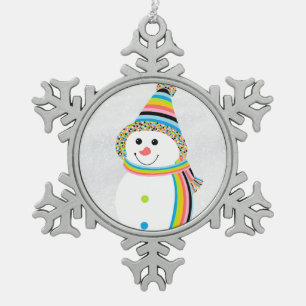 Queer Pride Flag Snowman Snowperson Rainbow Snowflake Pewter Christmas Ornament