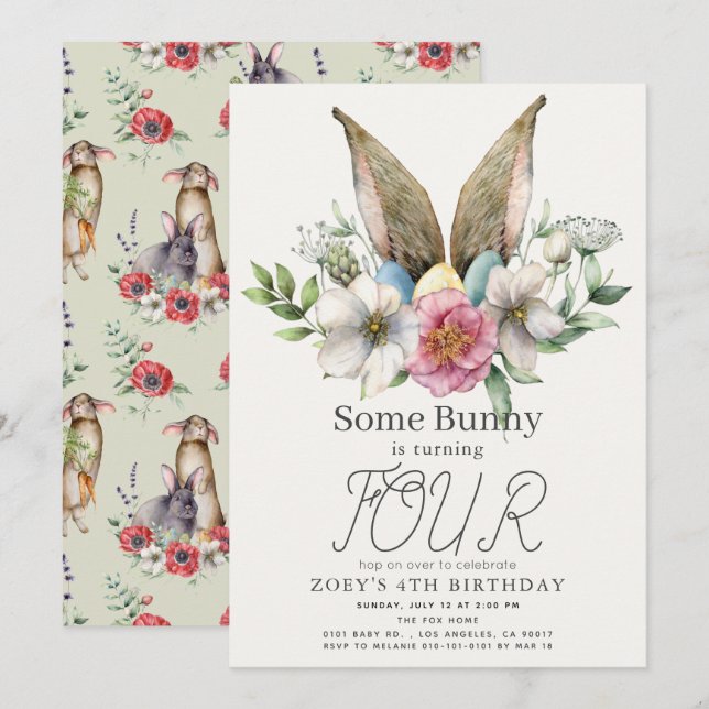 Quelques Bunny Oreille Florale Invitation Annivers (Devant / Derrière)