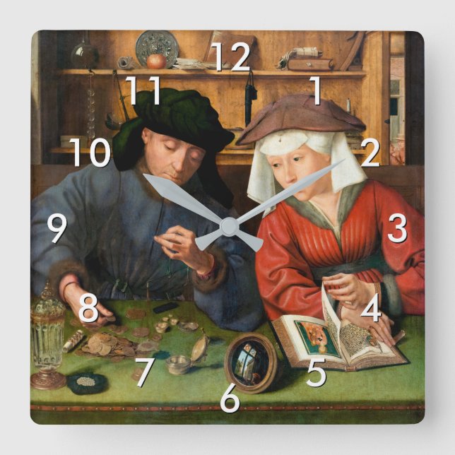 Quentin Matsys - The Moneylender and His Wife Square Wall Clock (Front)