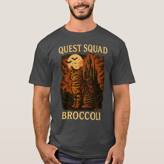 Quest Fantasy Squad Broccoli Funny Cat T-Shirt (Front)