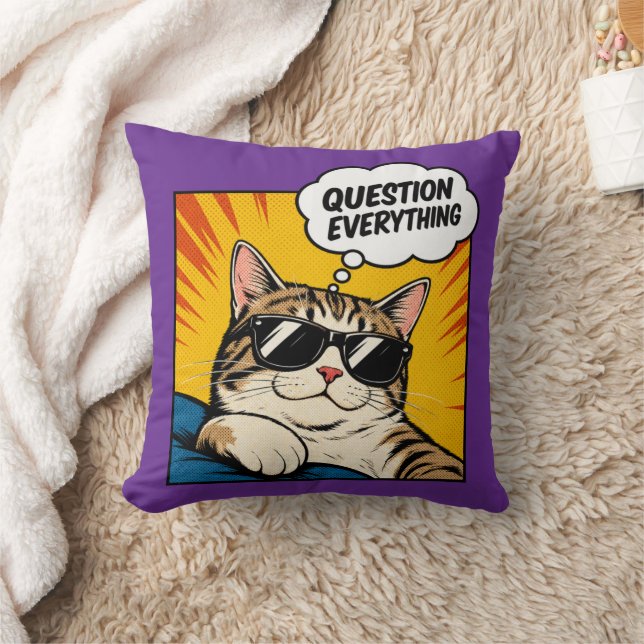 Question Everything - Conspiracy Cat Throw Pillow (Blanket)