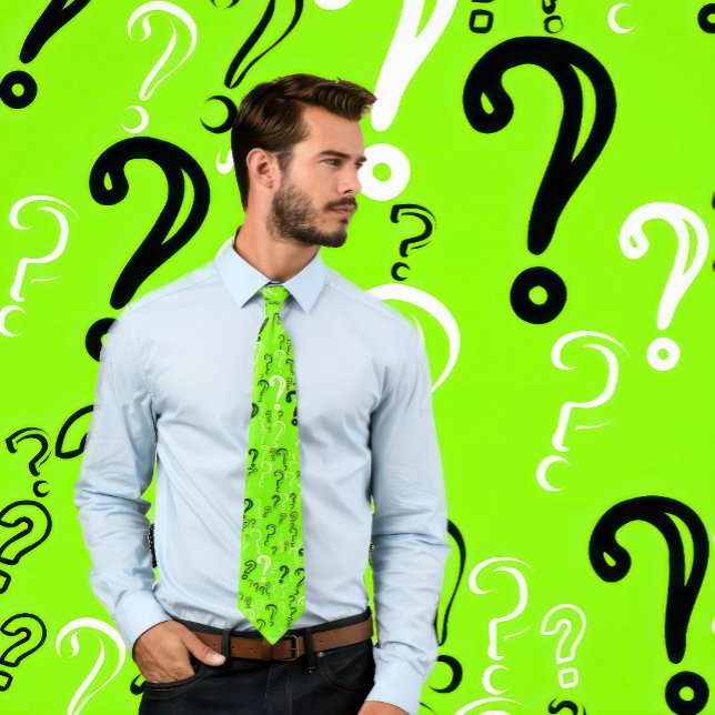 Question Marks Tie- White, Black, Chartreuse Tie (Man wears a light green neckties with a pattern of question marks in white and black.)