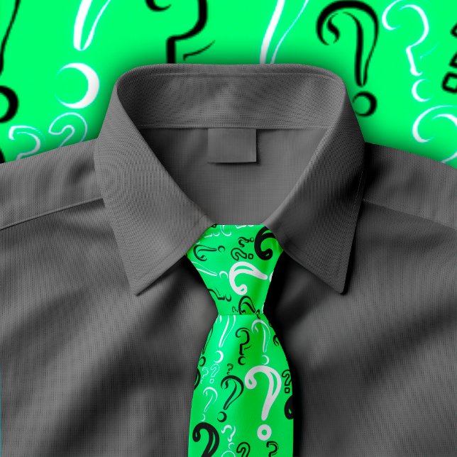 Question Marks Tie- White, Black, Spring Green Tie (Spring green distressed question mark necktie displayed on dark grey button down shirt.)