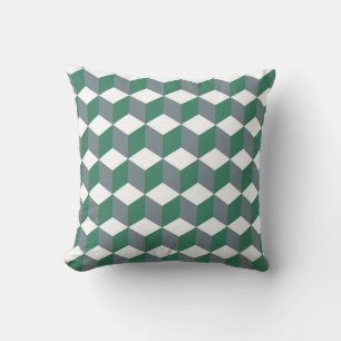 Quetzal Green and Grey Isometric Cube Pattern Throw Pillow