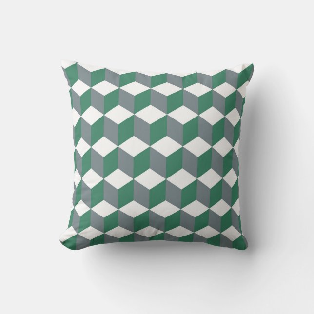 Quetzal Green and Grey Isometric Cube Pattern Throw Pillow (Front)