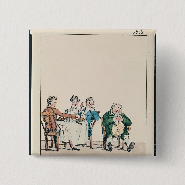 Qui dort dine', caricature of a man sleeping 2 inch square button (Front)