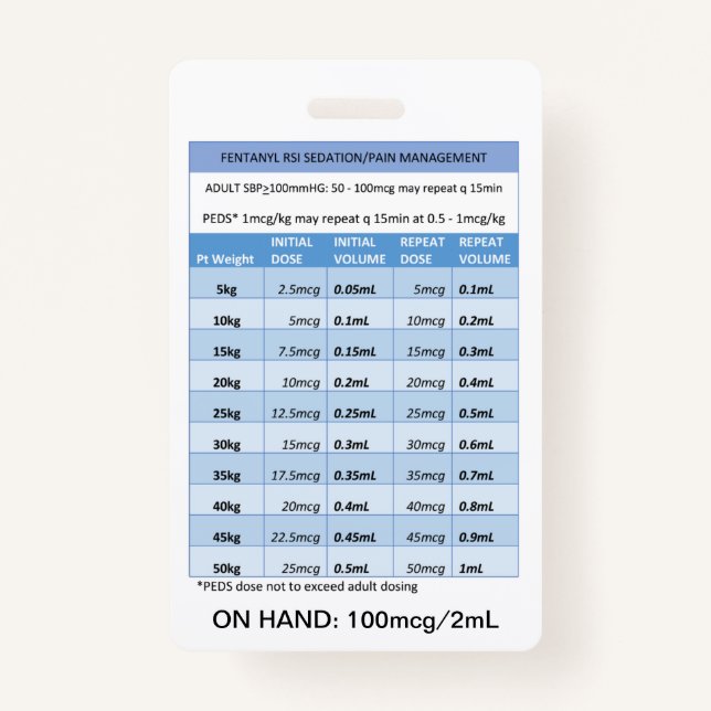 QUICK DOSING RE: FENTANYL FOR RSI SEDATION & PAIN  BADGE (Front)