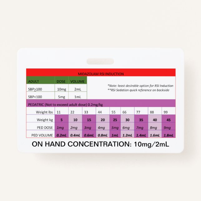 Quick Dosing RE: Midazolam RSI Induction/Sedation Badge (Front)
