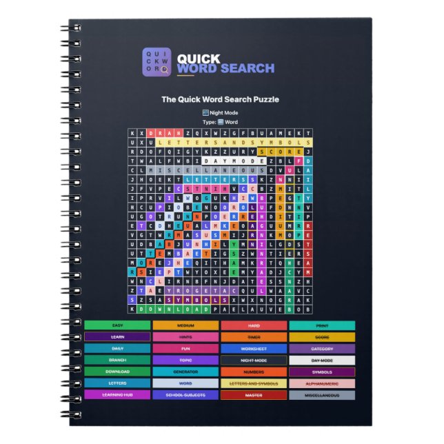 Quick Word Search Spiral Notebook Night Mode (Front)