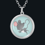 Quiet as a Mouse Cute Animal Cartoon Silver Plated Necklace<br><div class="desc">A cute little mouse cartoon image against a light blue background. You may change the blue background to another colour using the background selections. This makes a nice children's gift.</div>