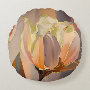 Quiet Bloom – Abstract Tulips In Soft Gold Round Pillow