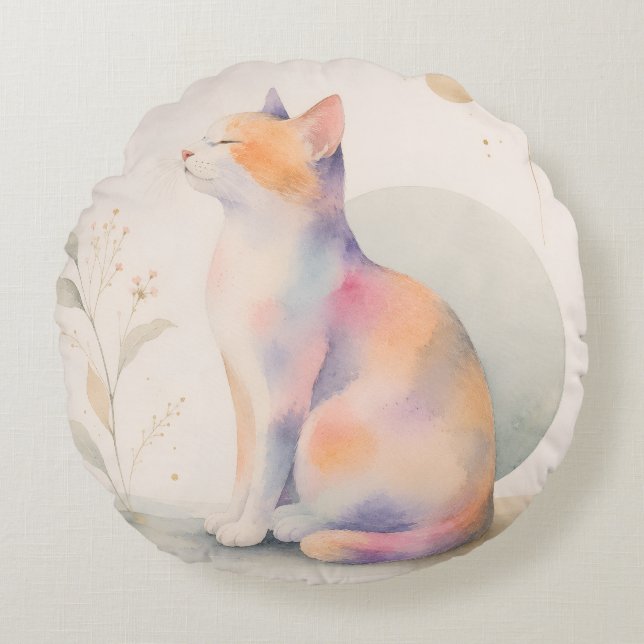 Quiet Cat in Moonlight Round Pillow (Front)
