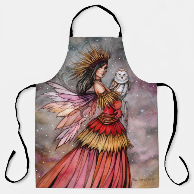 Quiet Ember Fairy and Owl Fantasy Art Apron (Front)