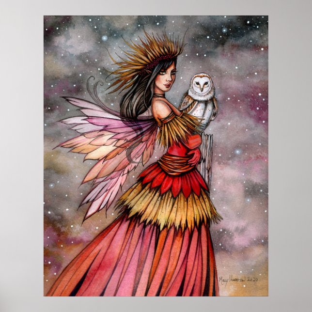 Quiet Ember Fairy and Owl Fantasy Art Poster (Front)