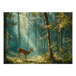 Quiet Forest Clearing with a Deer Grazing Poster