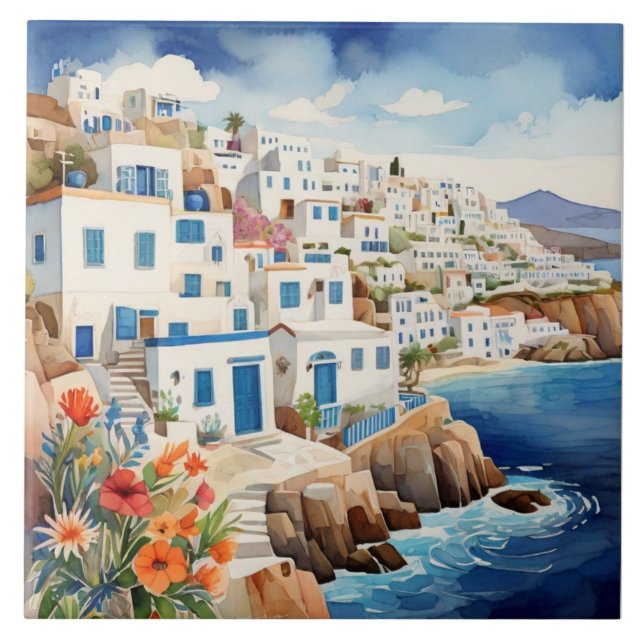 Quiet Greek Fishing Village Greece Sea Watercolor Tile (Front)