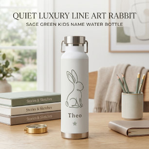 Quiet Luxury Line Art Rabbit Sage Green Kids Name Water Bottle