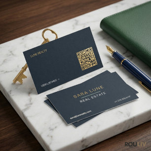 Quiet Luxury Navy Gold Real Estate Agent Minimalis Business Card