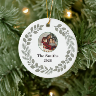 Quiet Luxury Sage Green Family Photo Christmas Ceramic Ornament