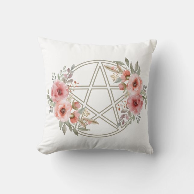 Quiet Sage Floral Pentacle Throw Pillow (Front)