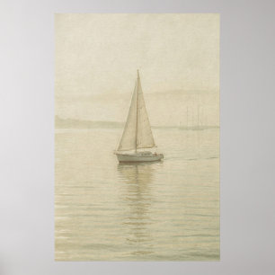 Quiet Sailboat on Pale Coastal Water Poster