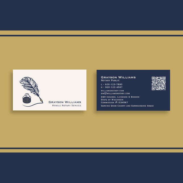 Quill QR Code Navy Mobile Notary  Business Card (Creator Uploaded)