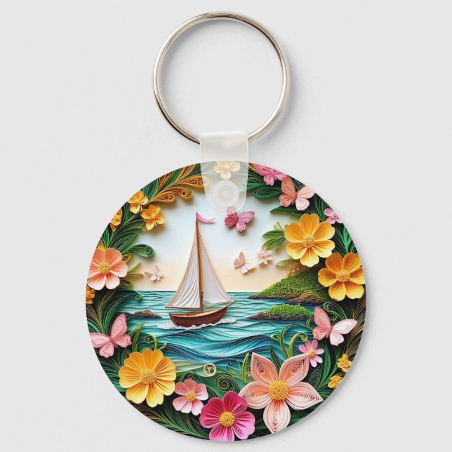 Quilled Nature Scene with Sailing Boat Keychain (Front)