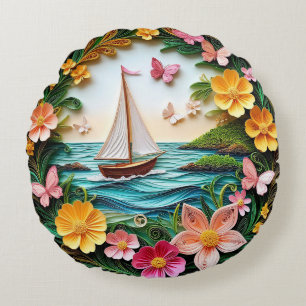 Quilled Nature Scene with Sailing Boat Round Pillow