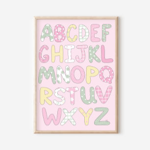 Quilt Art Print Set: Alphabet on Pink Background