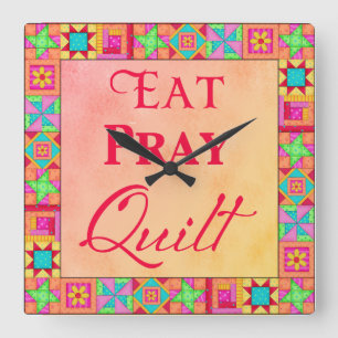 Quilt Block Border Art Eat Pray Quilt Yellow Coral Square Wall Clock