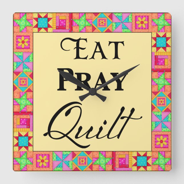 Quilt Blocks Border Art Eat Pray Quilt Yellow Square Wall Clock (Front)