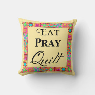 Quilt Blocks Border Art Eat Pray Quilt Yellow Throw Pillow