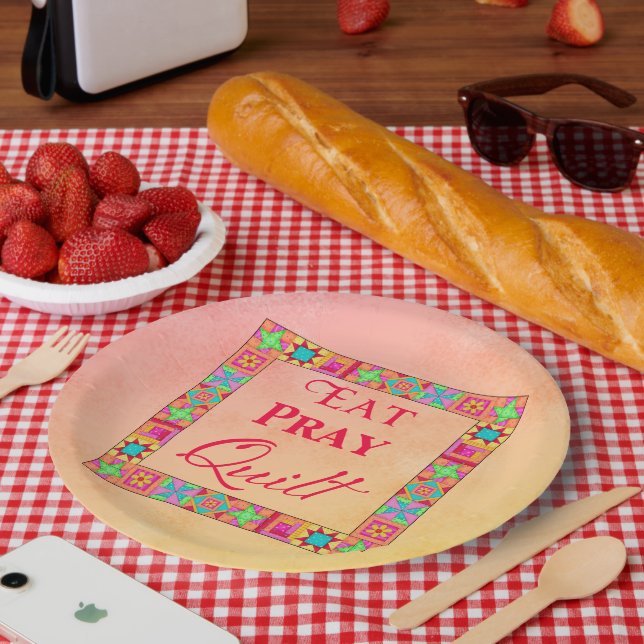 Quilt Blocks Border Eat Pray Quilt Coral Yellow Paper Plate (Picnic)