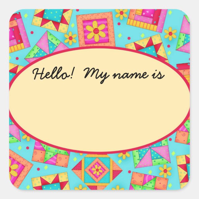 Quilt Blocks Turquoise Name Tag or Label (Front)
