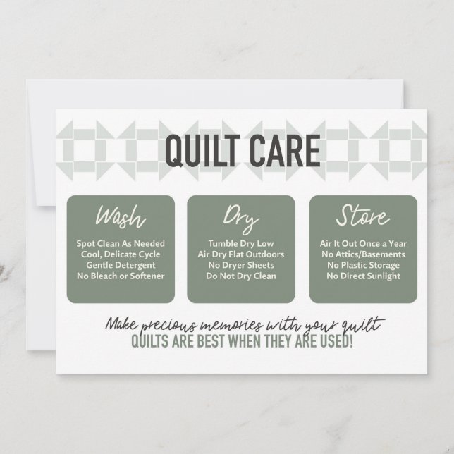 Quilt Care Card - Modern Design - Sage Green (Front)