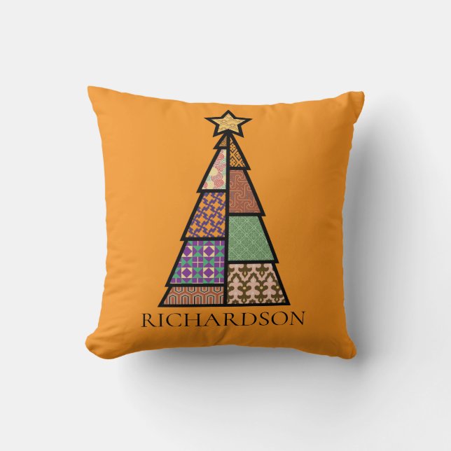 Quilt Christmas Tree with Monogram Throw Pillow (Front)
