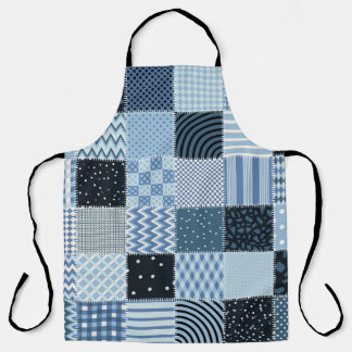 Quilt design, geometric patchwork, blue tones. apron