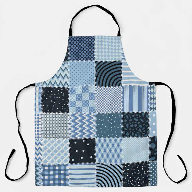Quilt design, geometric patchwork, blue tones. apron (Front)