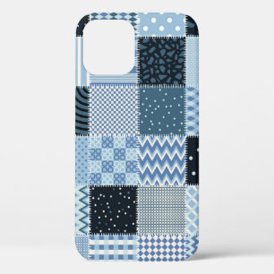 Quilt design, geometric patchwork, blue tones. iPhone 12 case