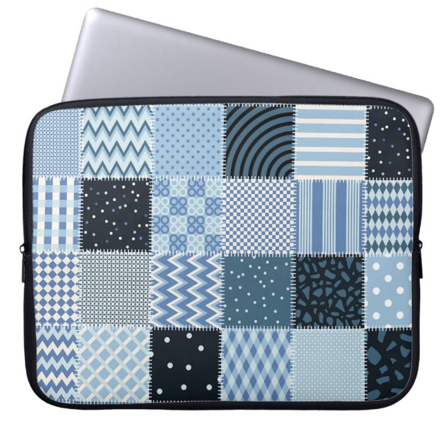 Quilt design, geometric patchwork, blue tones. laptop sleeve (Front)