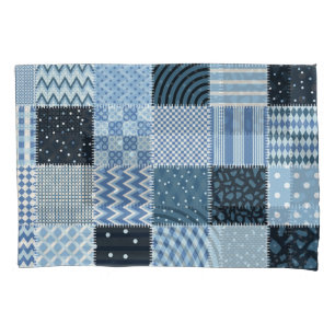 Quilt design, geometric patchwork, blue tones. pillowcase